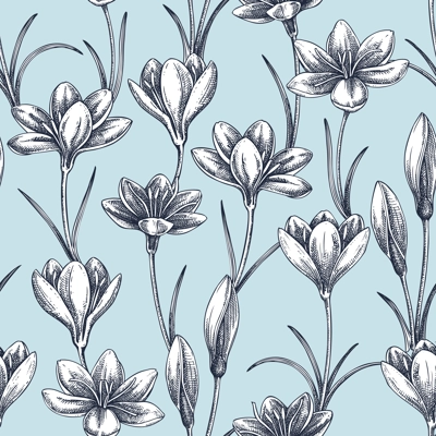 Spring background. Saffron flower sketches. Hand drawn crocus flower vector illustration. Wildflower seamless pattern. NOT AI generated